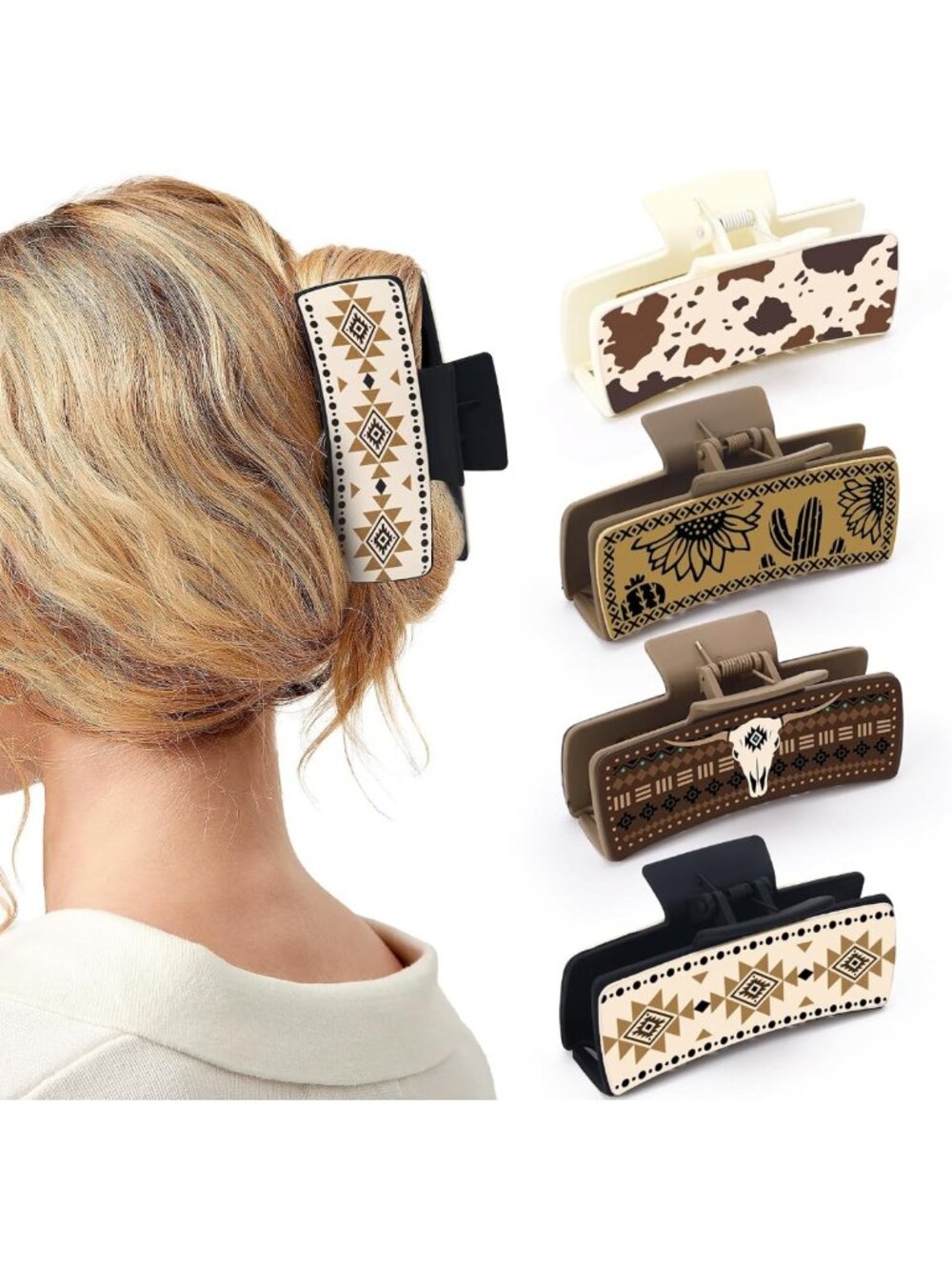 Floral Sunflower Western Leather Hair Claw Clips - Stylish Square Hair